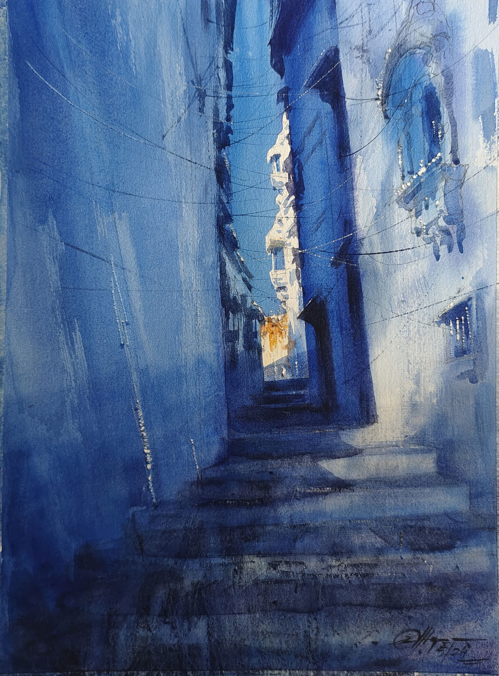 Watercolor Painting Blue City  Image