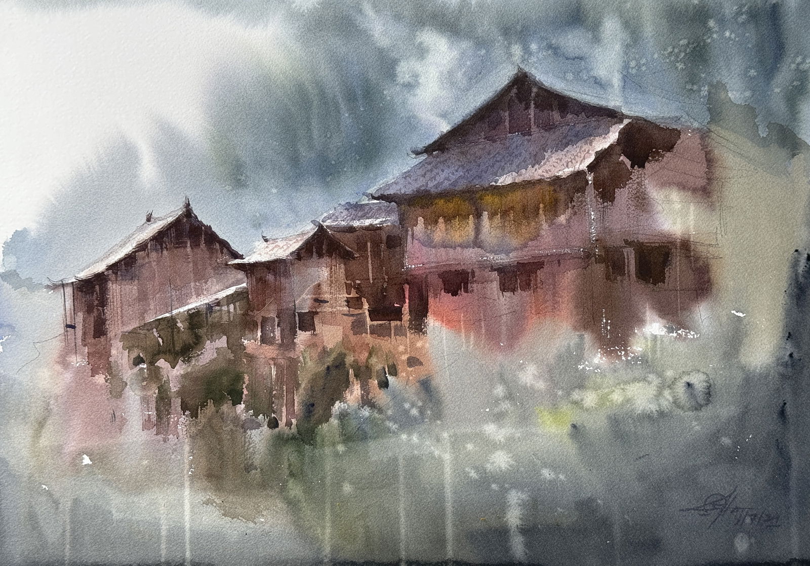 Watercolor Moody Landscape Location China Image