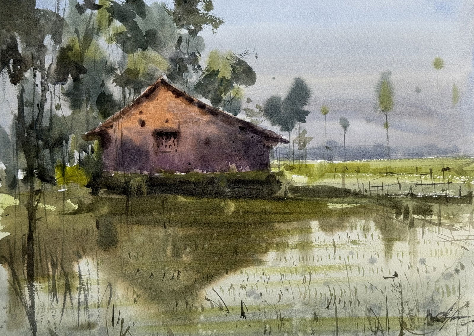 Watercolor Landscape Painting Village India West Bengal Image