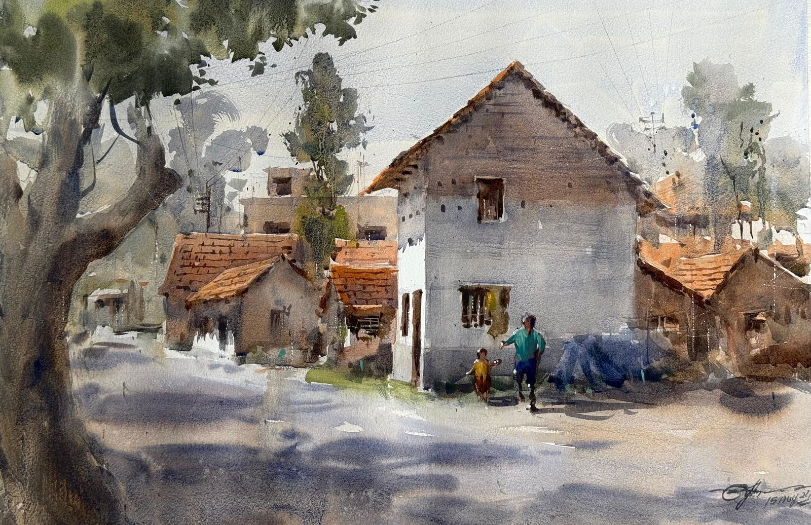 Watercolor Landscape Painting Village Amta Image