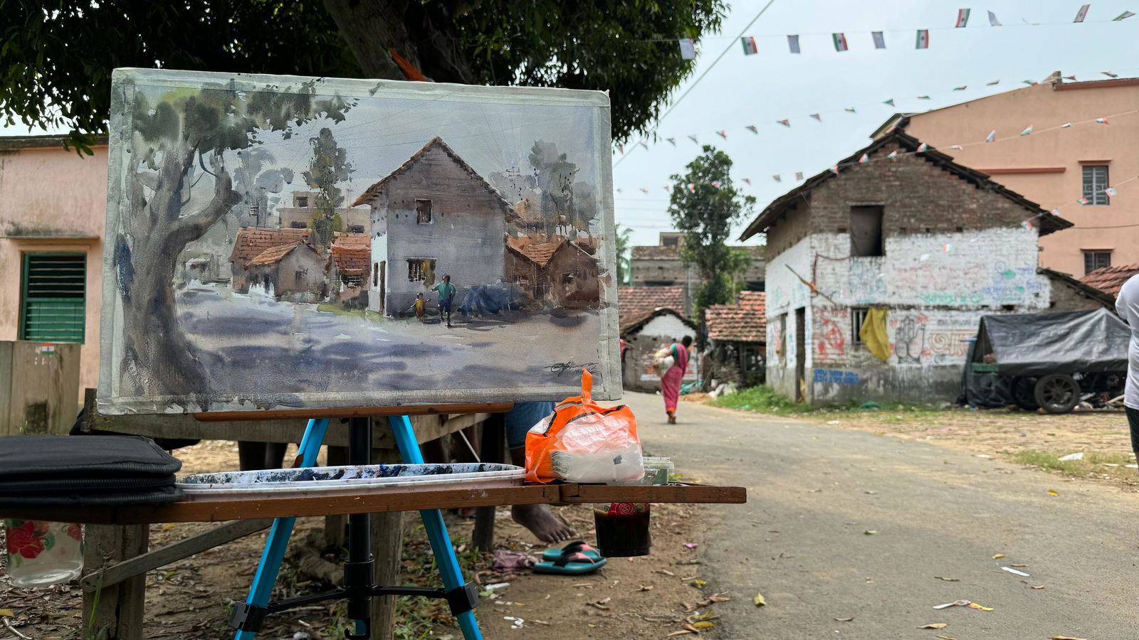 Watercolor Landscape Painting Village Amta