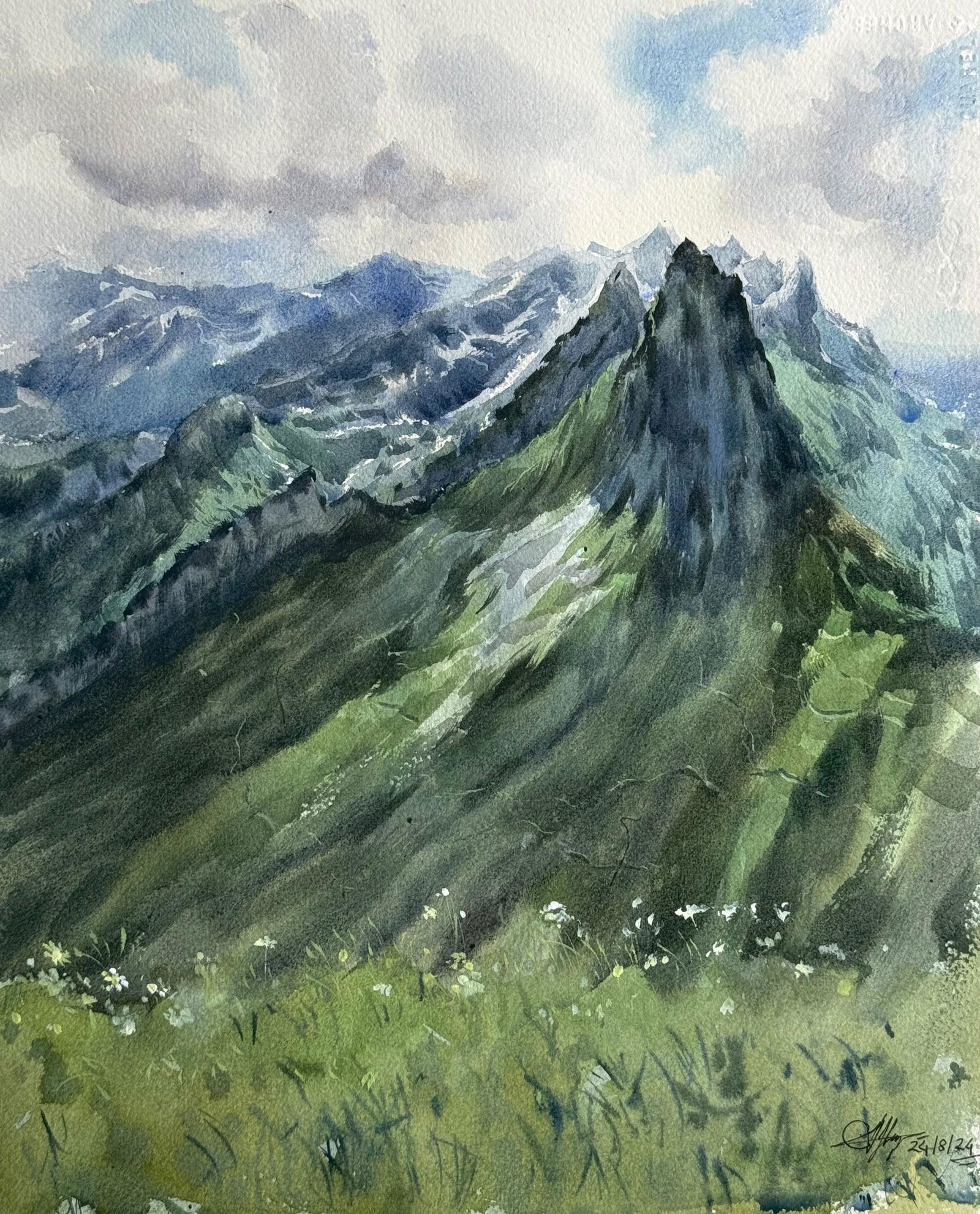 Watercolor Hill Scape Painting Image