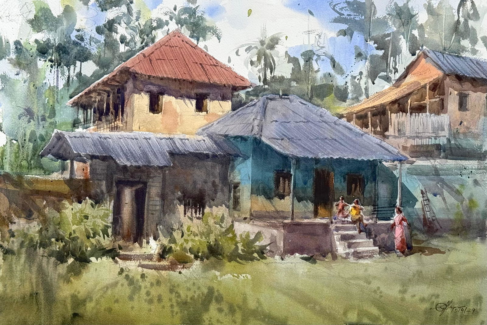 Watercolor Landscape Painting Near My Village Amta- India  Image