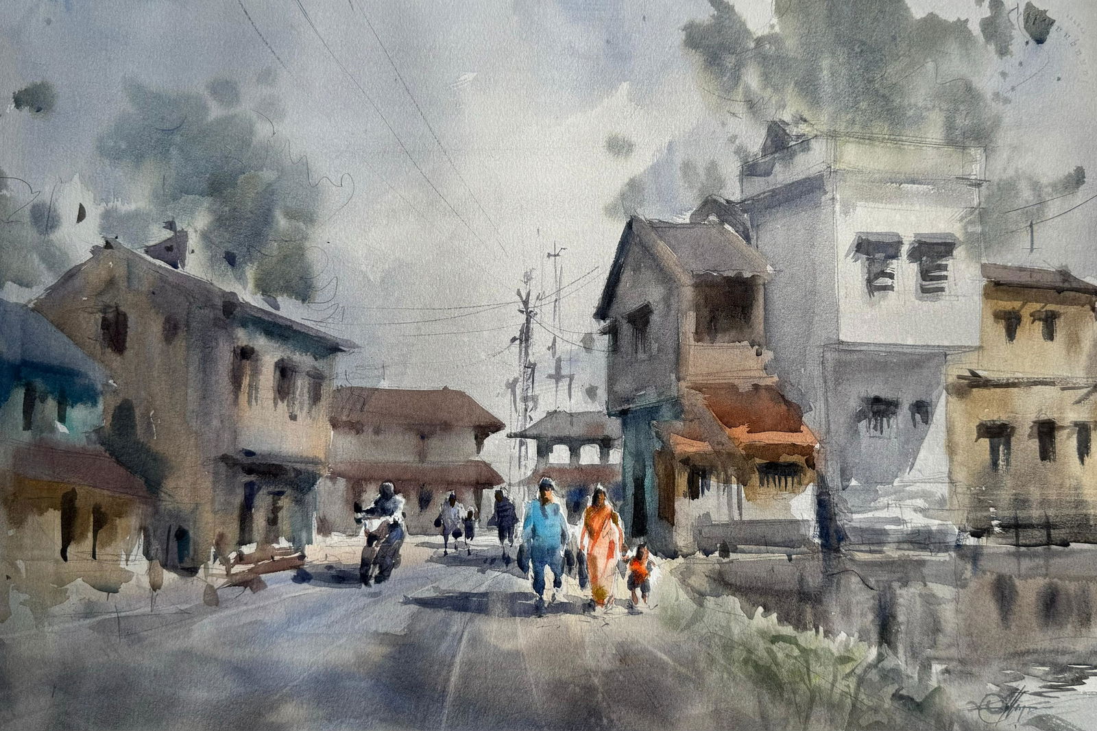 Watercolor Landscape near my village town Amta-India Image