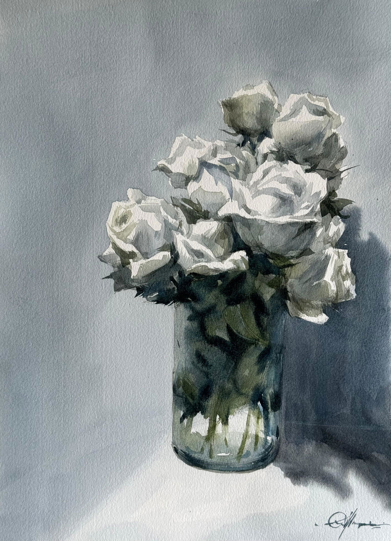 Watercolor White Roses Painting