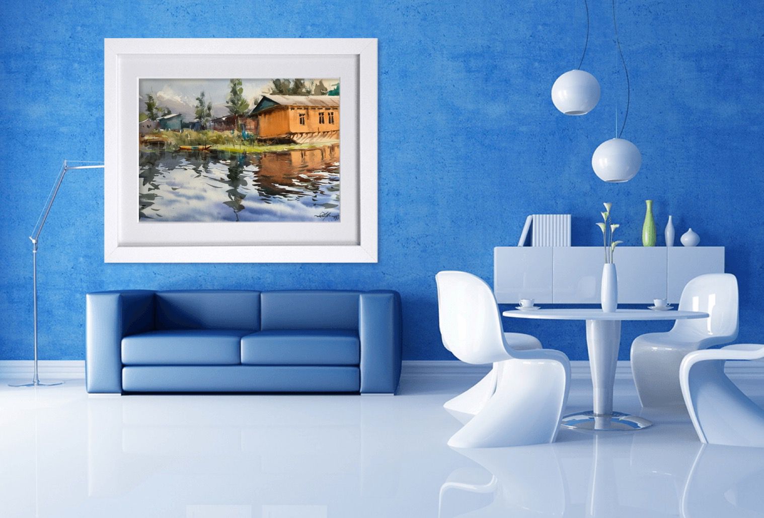 Watercolor Landscape Painting,Dal Lake House Boats and Beautiful Reflections Image