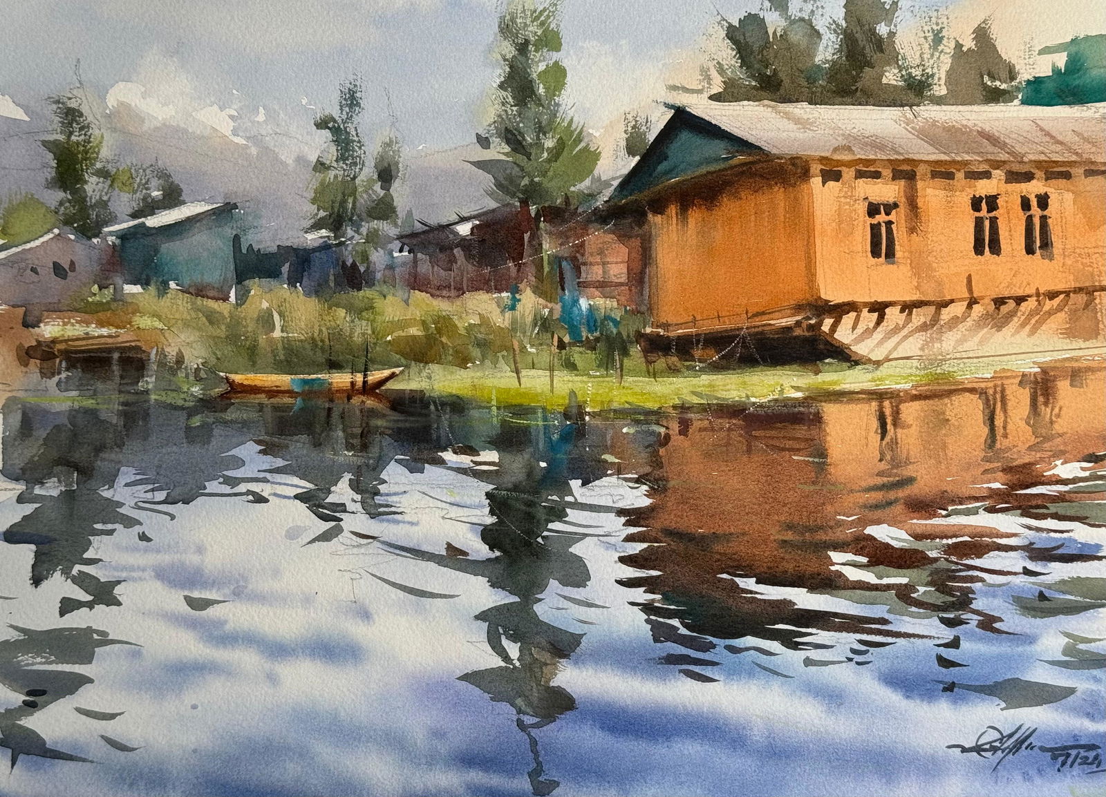 Watercolor Landscape Painting,Dal Lake House Boats and Beautiful Reflections