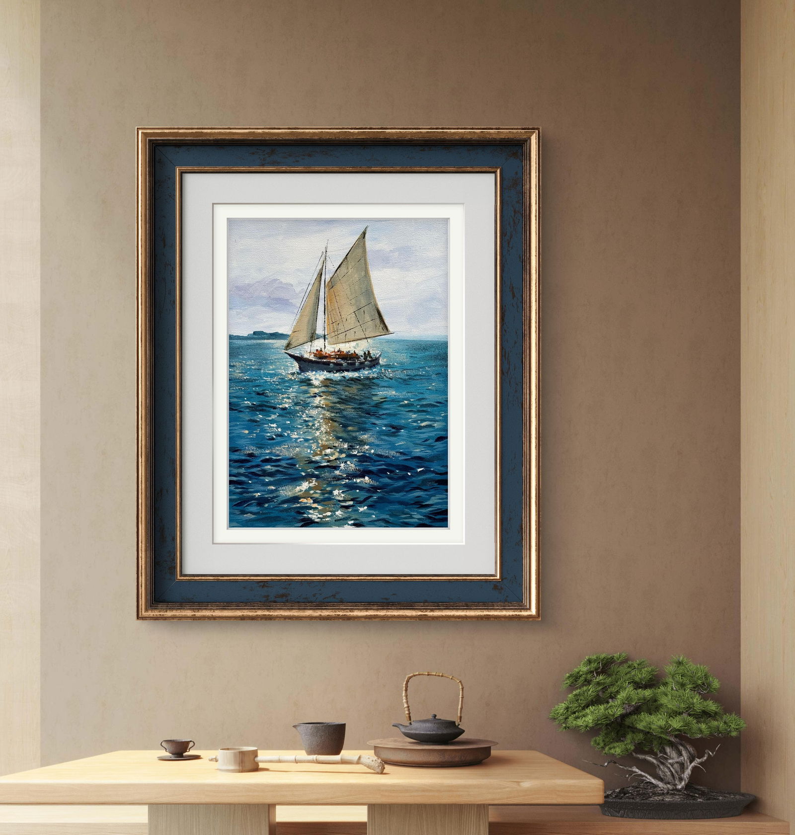 Acrylic Landscape Panting Boat and Reflection  Image