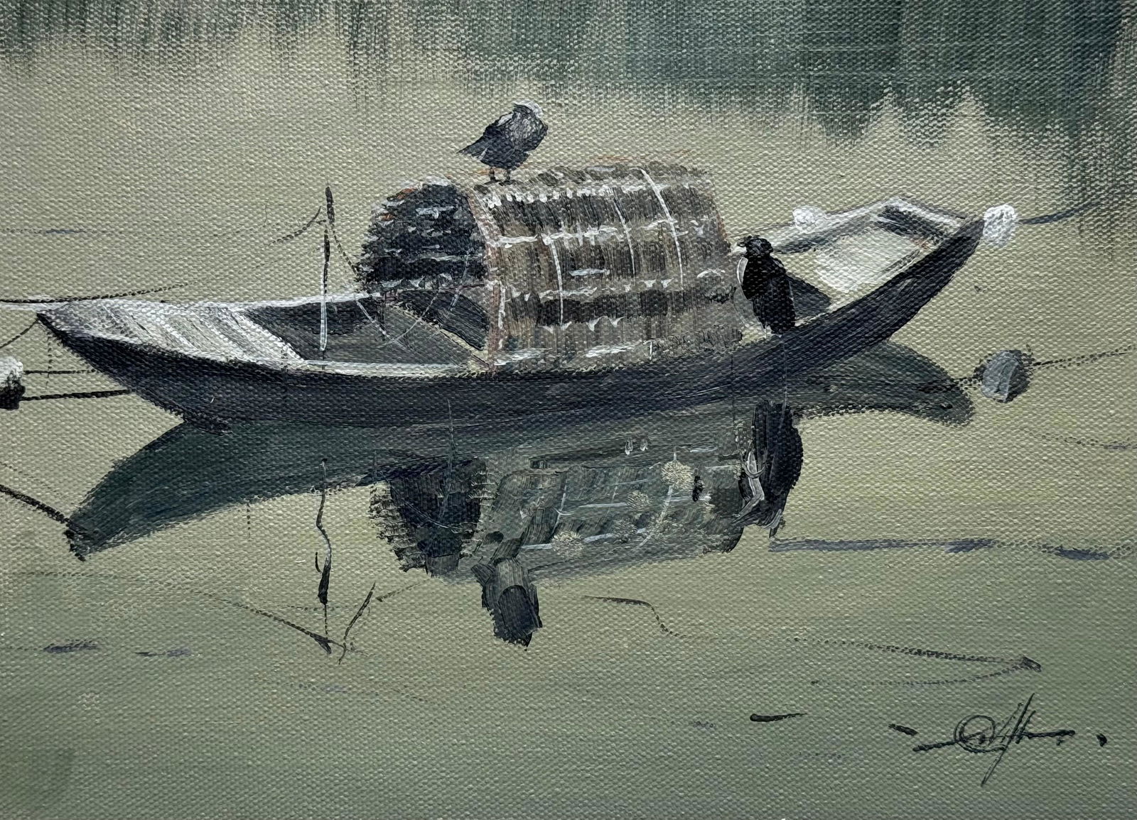 Small Acrylic Landscape Panting Boat and Reflection