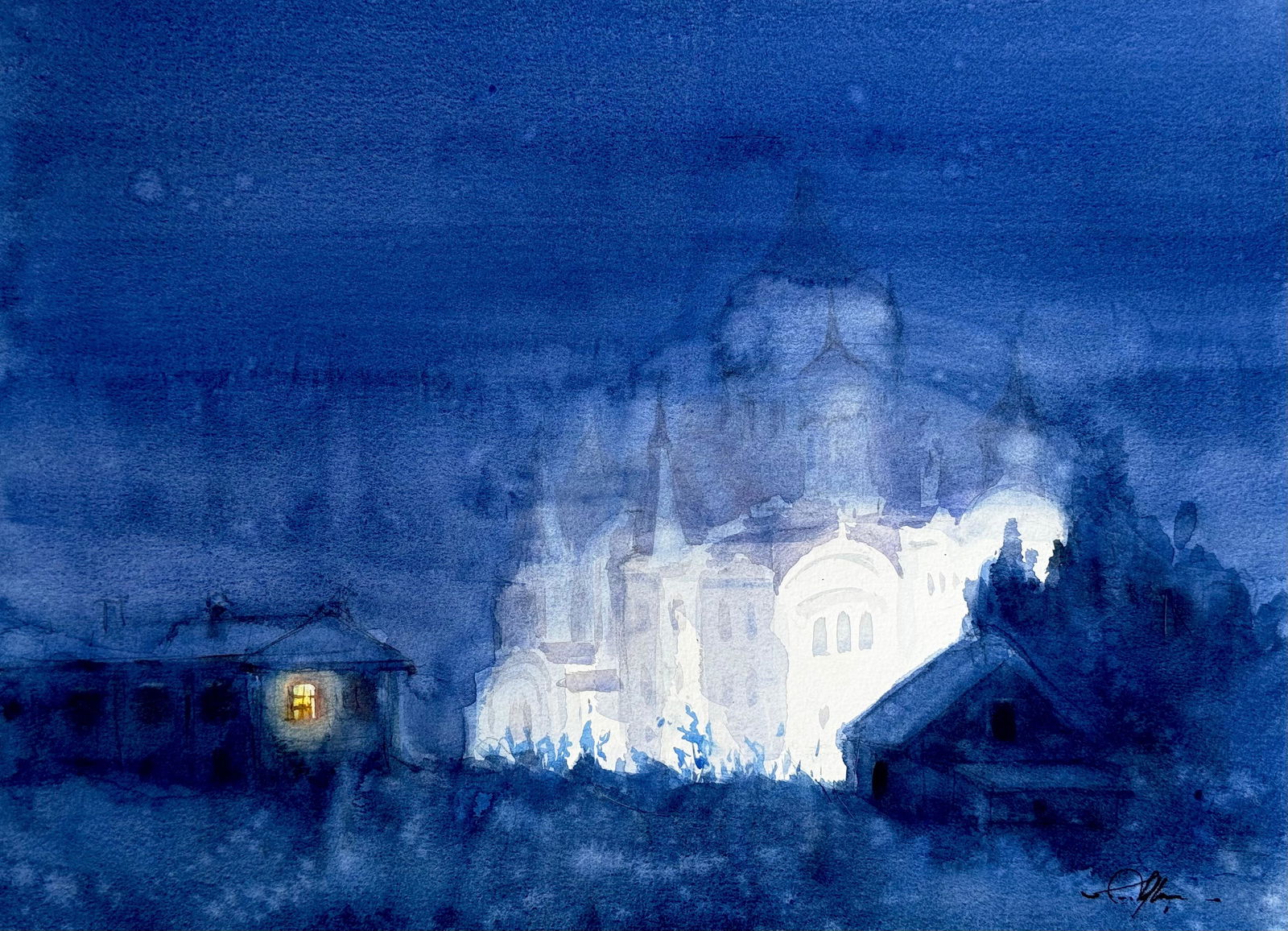 Watercolor Landscape Painting /Night-scape Moscow Image