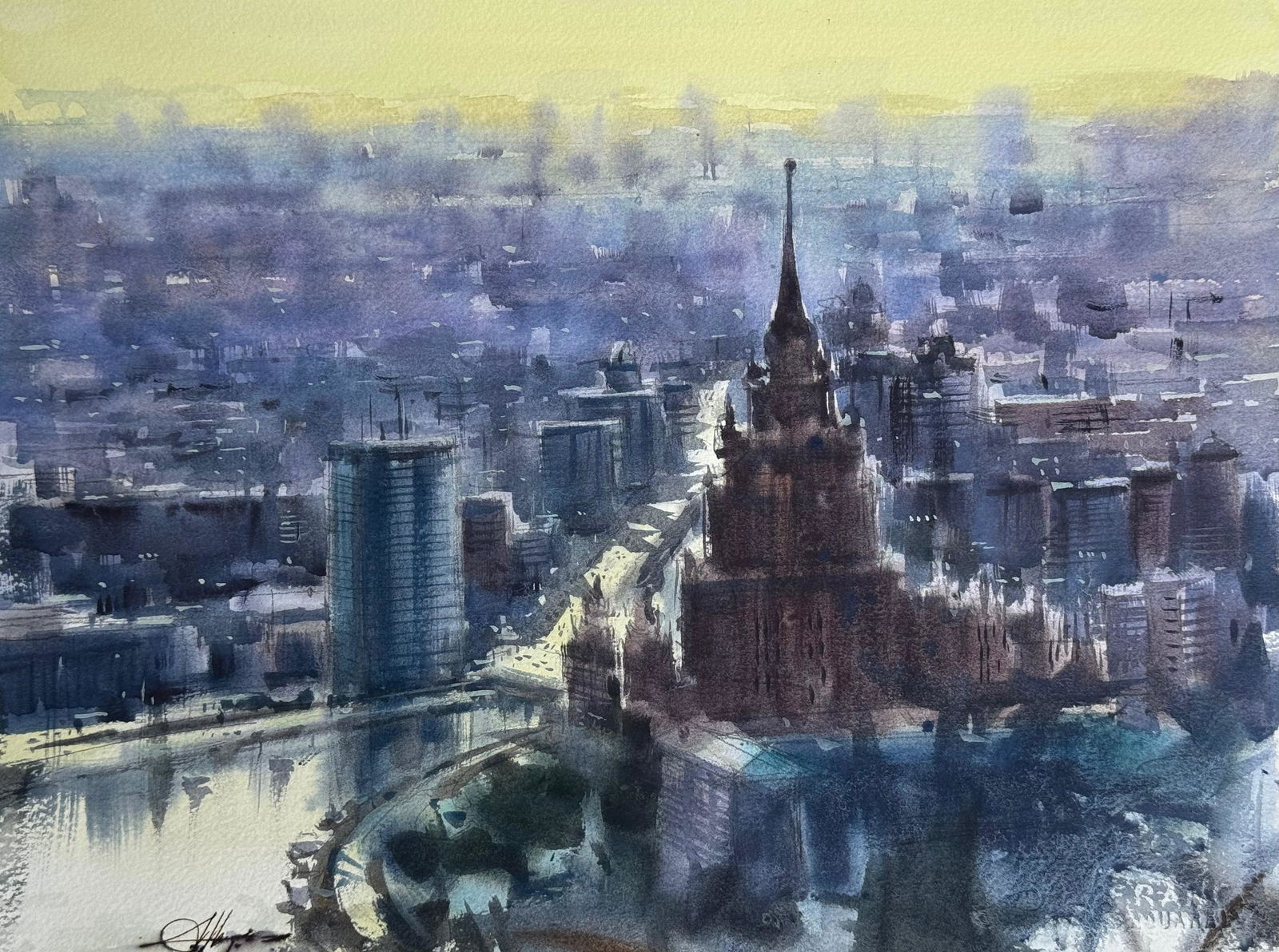 Watercolor City-scape Moscow Top View Painting Image