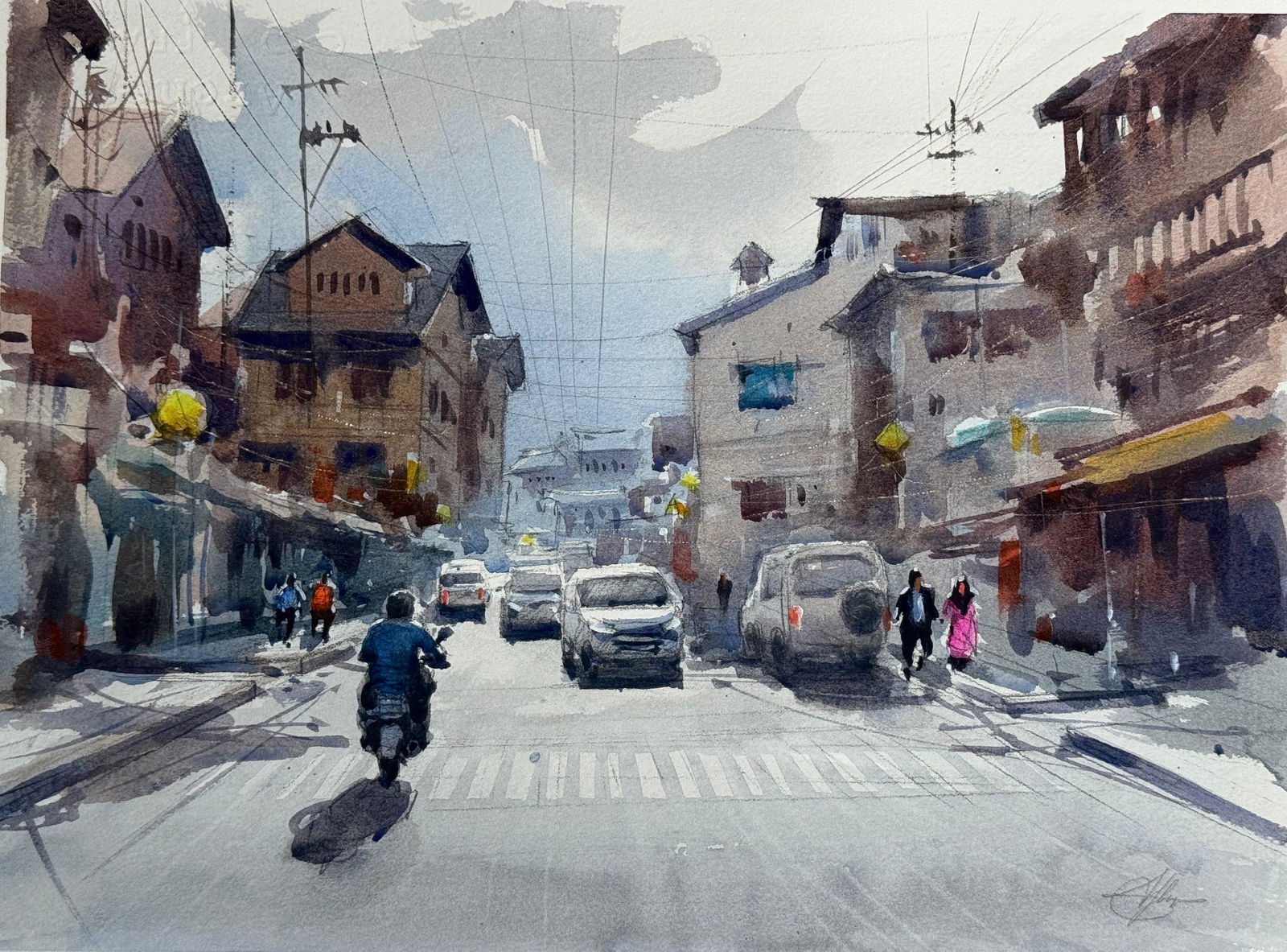 Watercolor Cityscape Painting /Srinagar-Kashmir-India Image