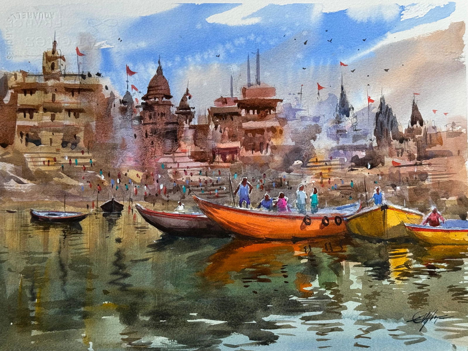 Watercolor Varanasi Painting / Boats And Temples Image