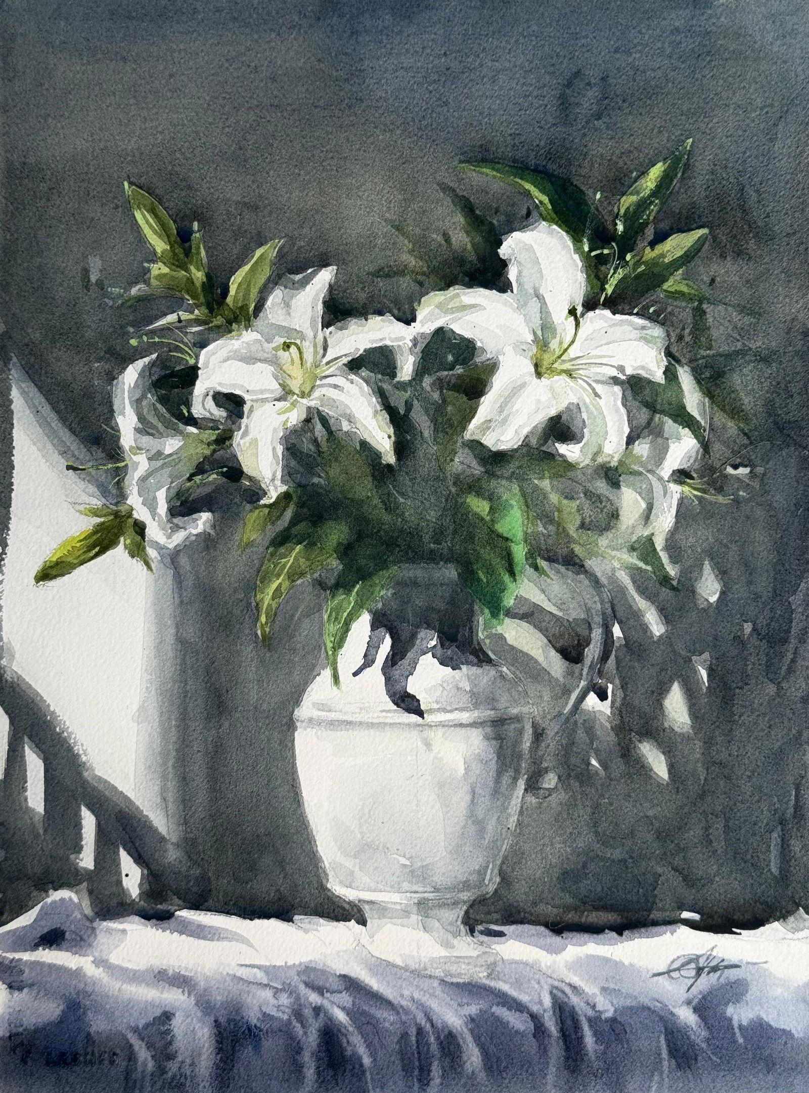  Watercolor White flowers Painting with pot Image