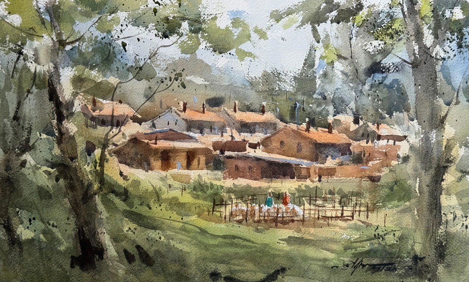 Watercolor Landscape Painting China Village Image