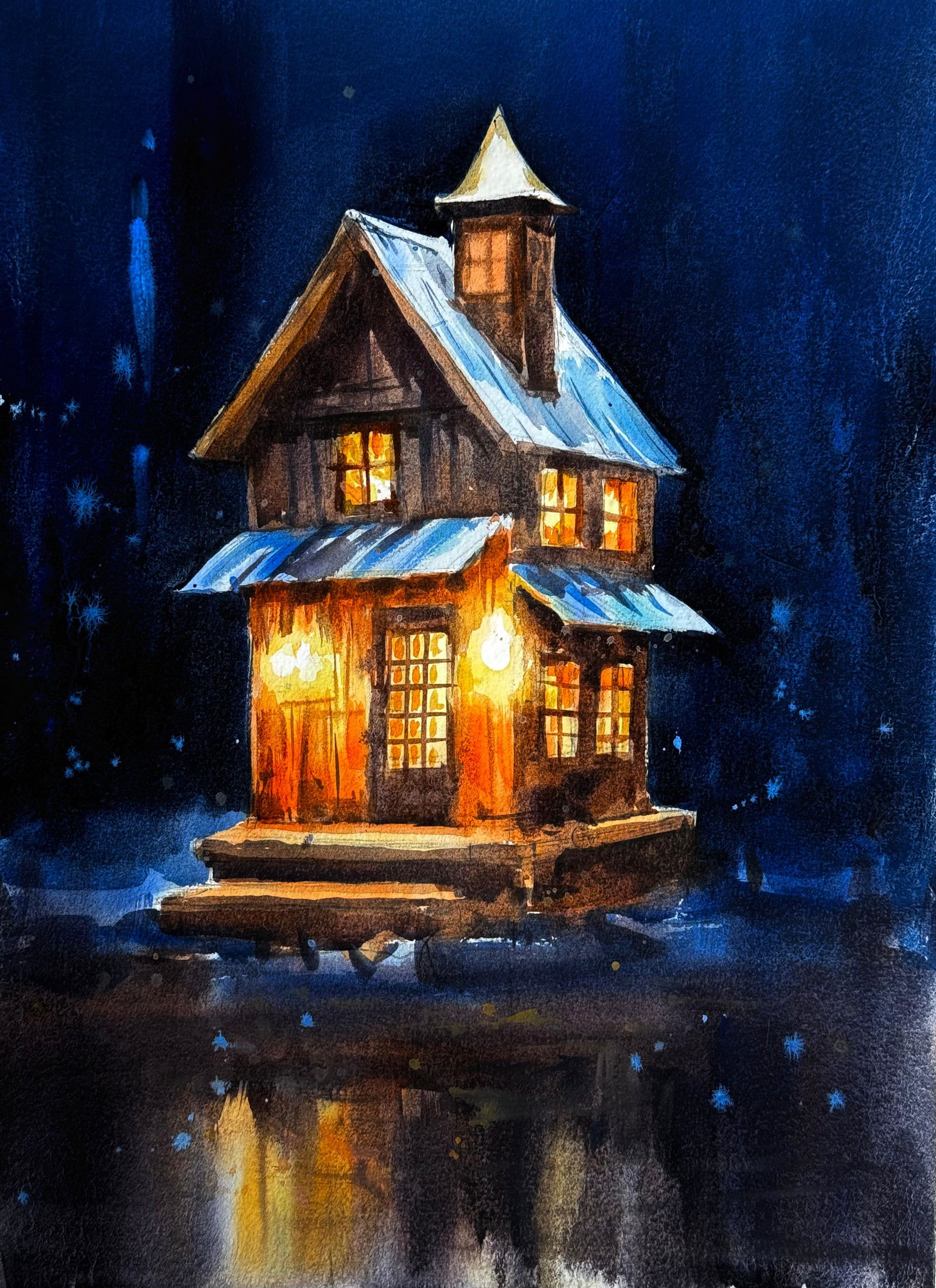 Watercolor Night Scape Painting House Décor Image