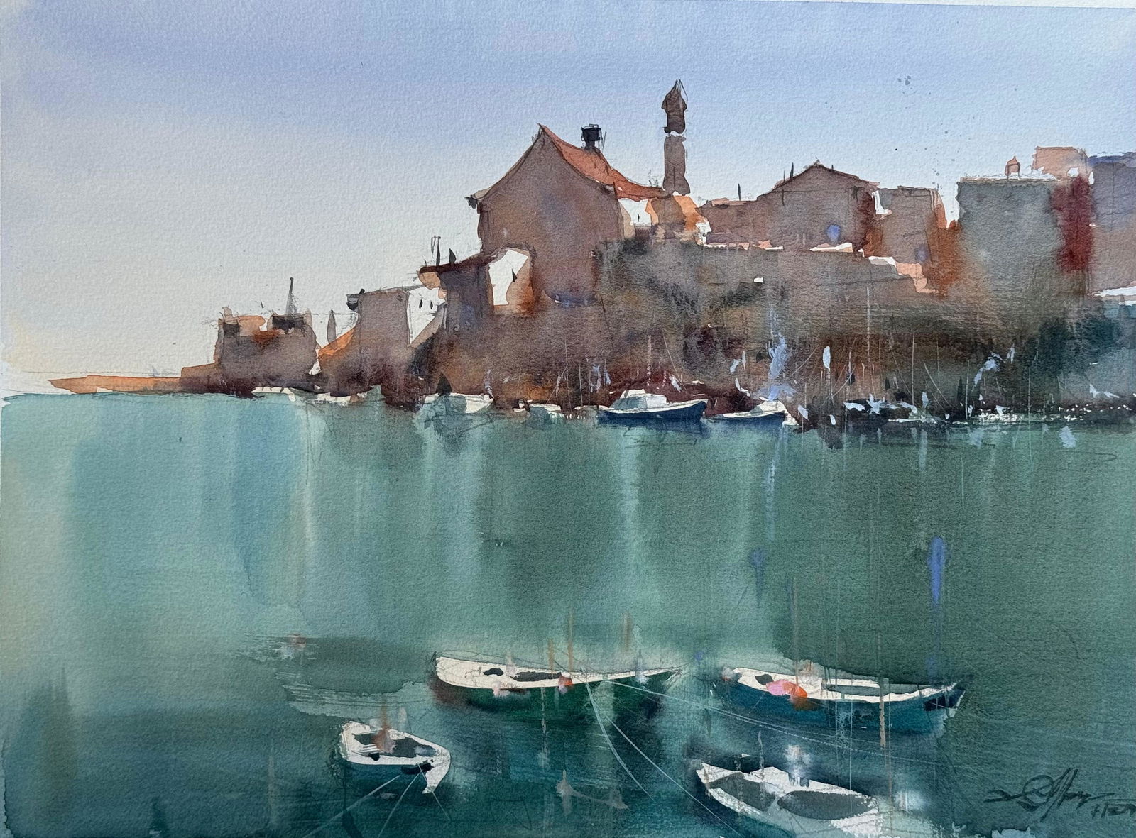 Watercolor Cityscape Painting/ Architectural and Boats Image