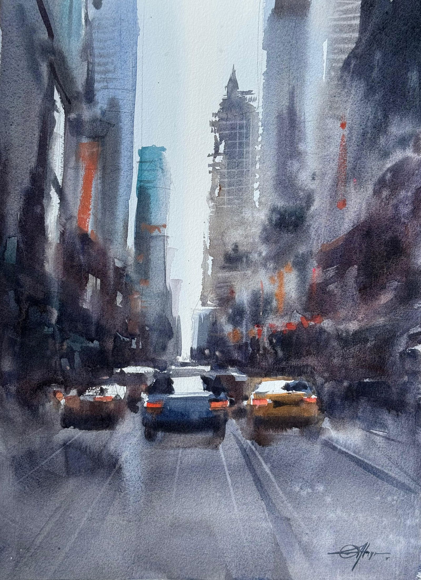 Watercolor Cityscape Painting/Cars and Buildings.   Image