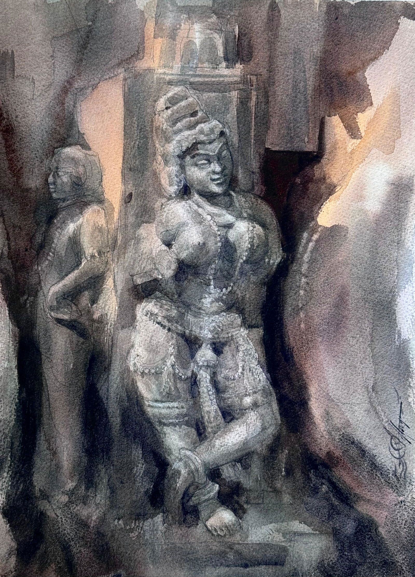 Khajuraho Watercolor Sculpture Painting  Image