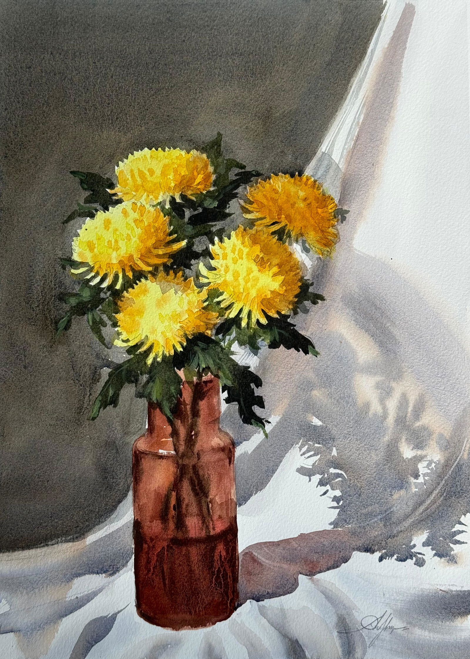 watercolor Still Life Painting/yellow flowers and Pot.         Image