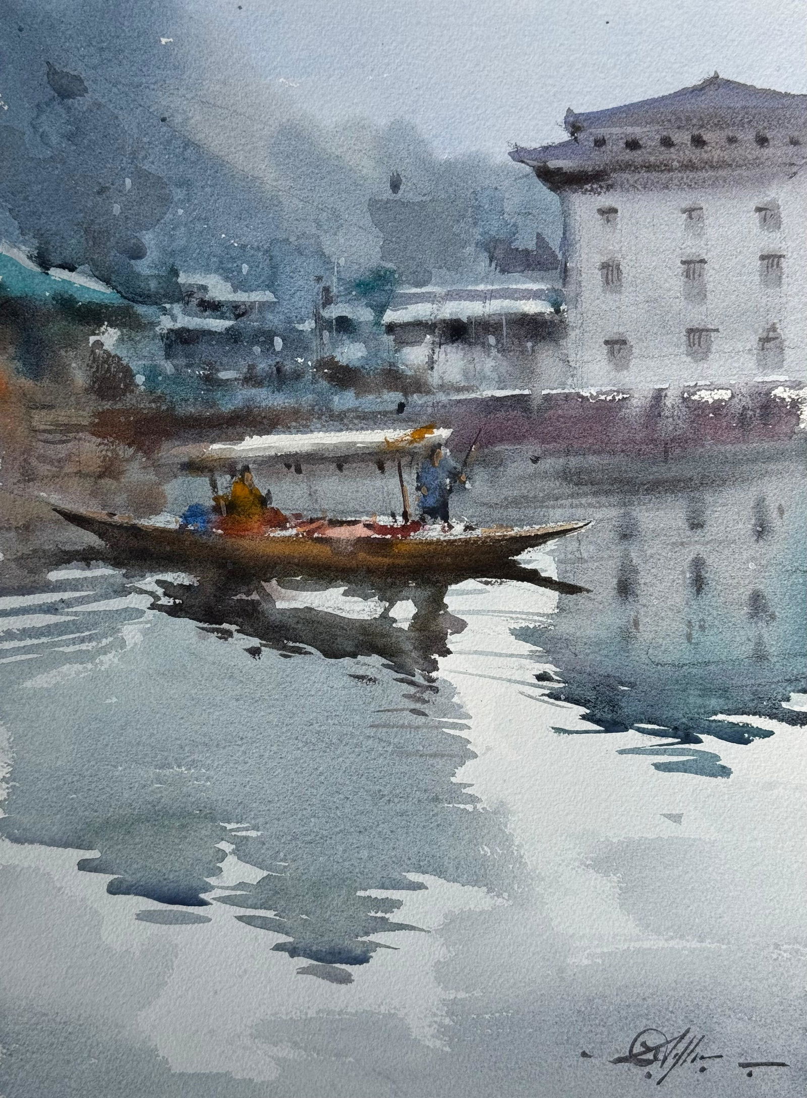 Watercolor Landscape Painting Dal Lake/Boat and Reflection.    Image