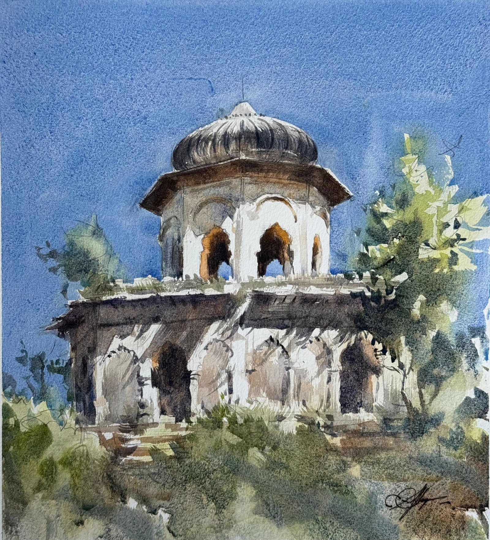  Watercolor Landscape Painting/Old Indian Architecture.   Image