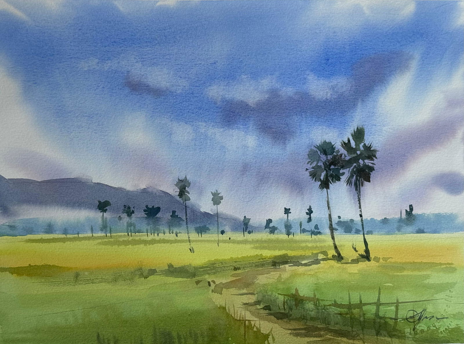  Watercolor Landscape Painting/ Palm Trees.  Image