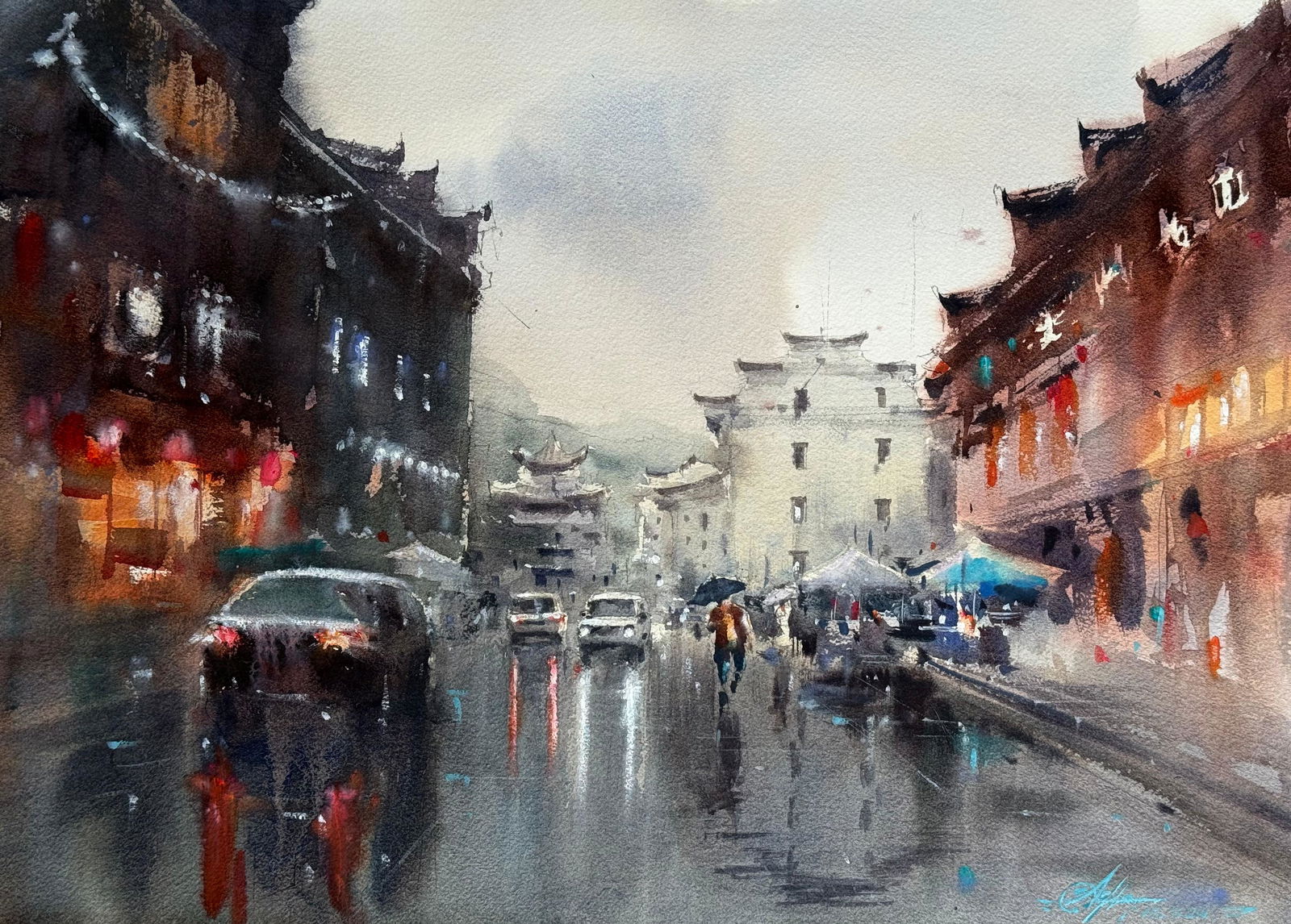 Beautiful Watercolor Cityscape Painting / Location China Image