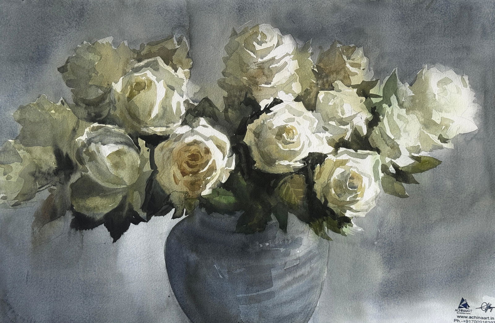 Watercolor White Roses Painting.   Image