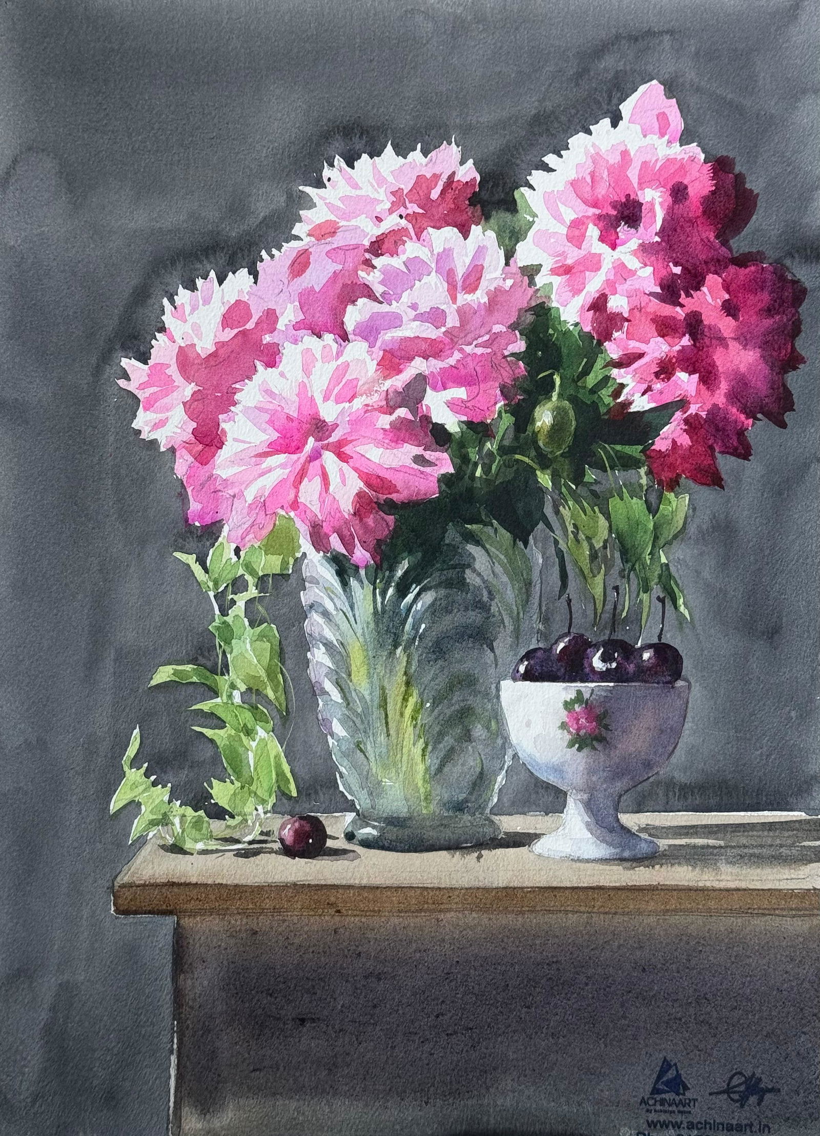  Watercolor Still Life Painting/Flowers with Crystal Pot.  Image