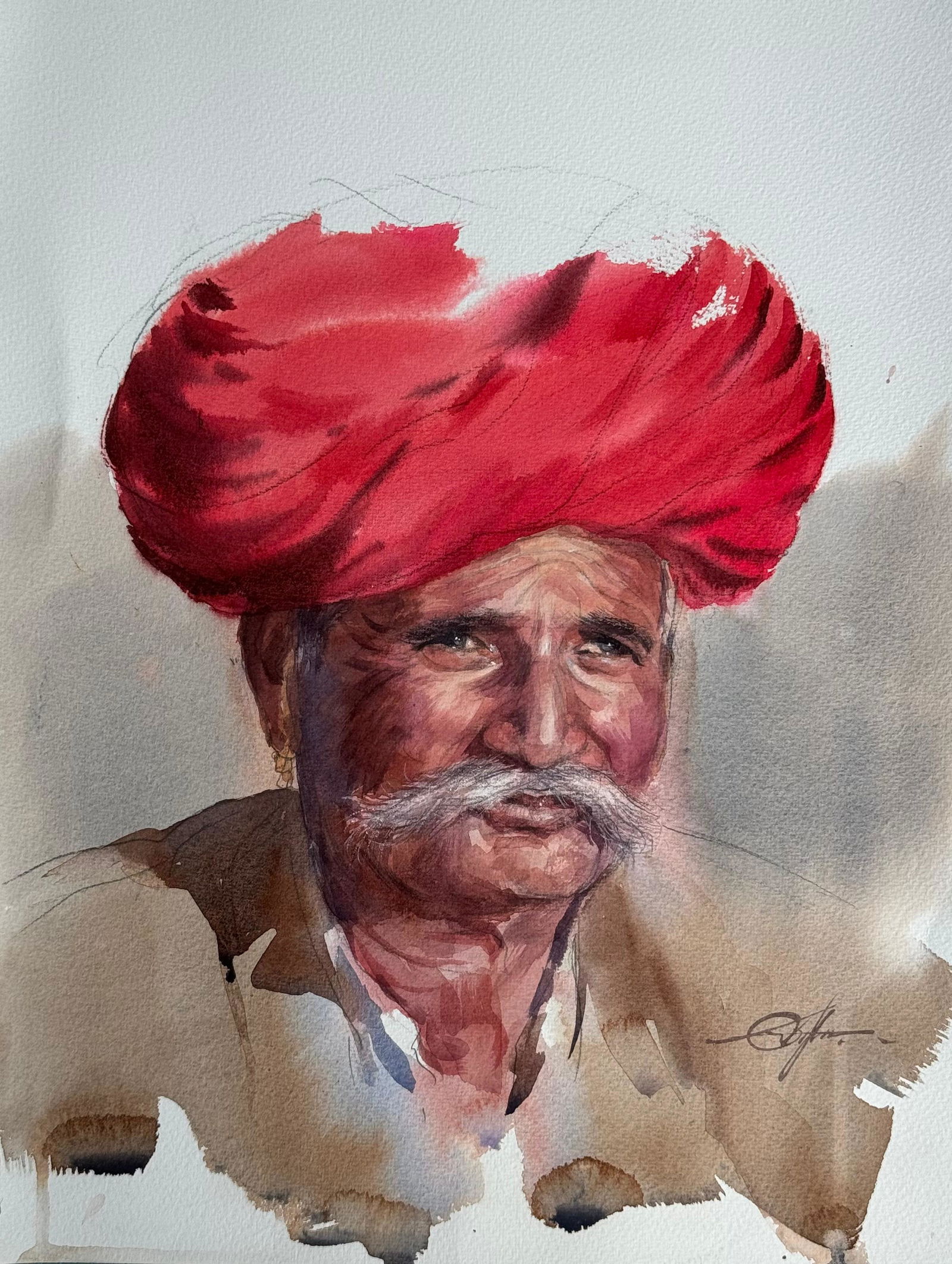 Watercolor Portrait Painting/Rajasthan man.  Image