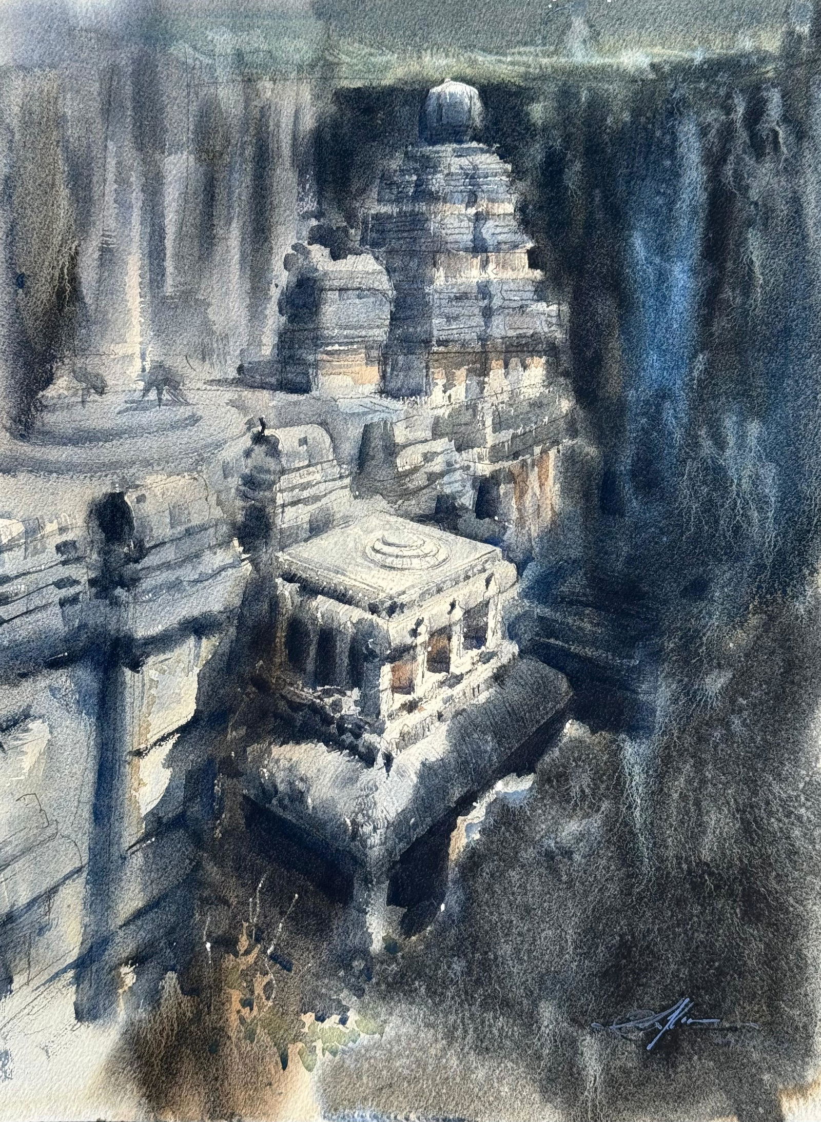 Watercolor Landscape Painting/ Ellora Caves Kailash Temple Painting Image