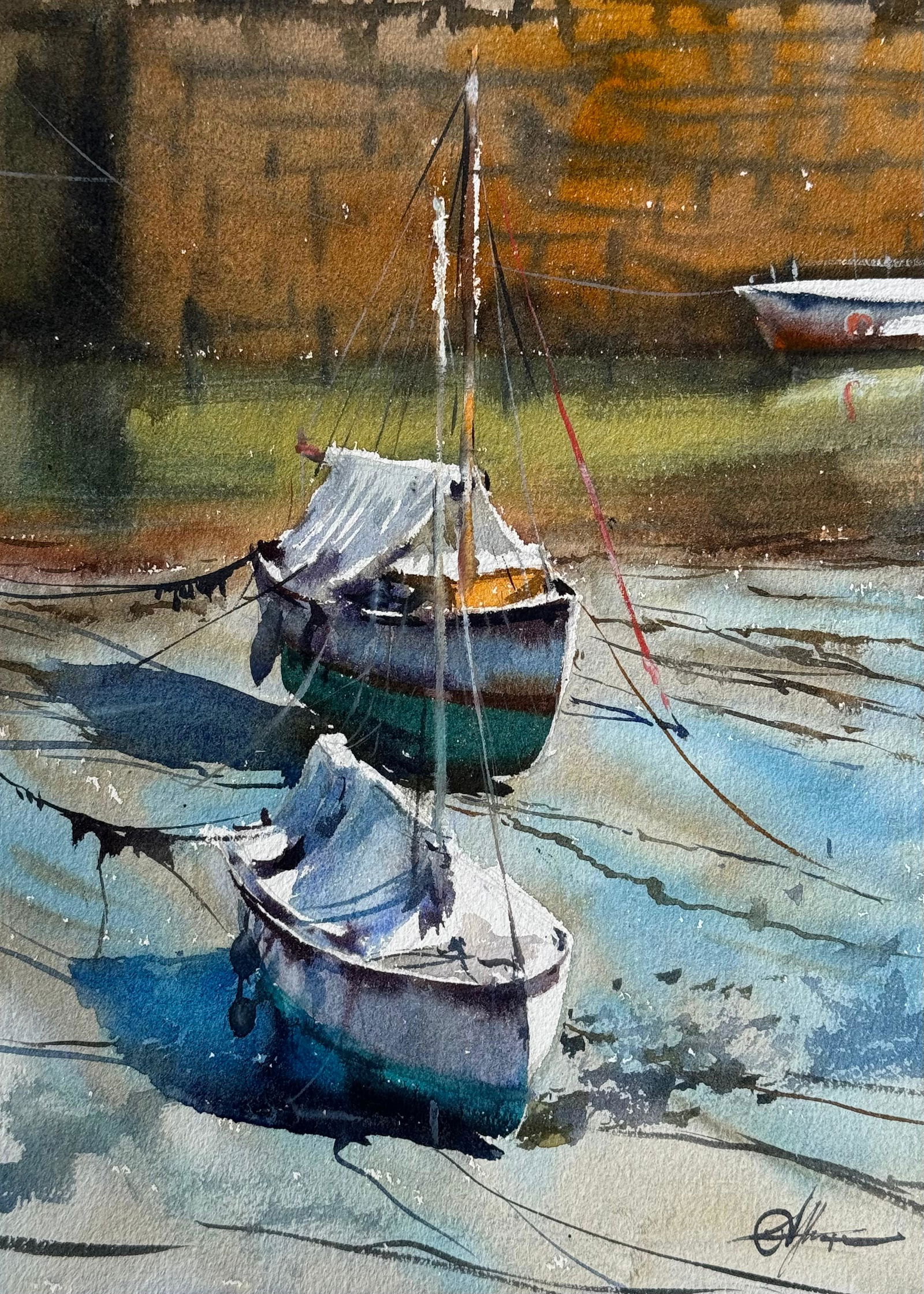 Small Watercolor Landscape Painting / Boats Image