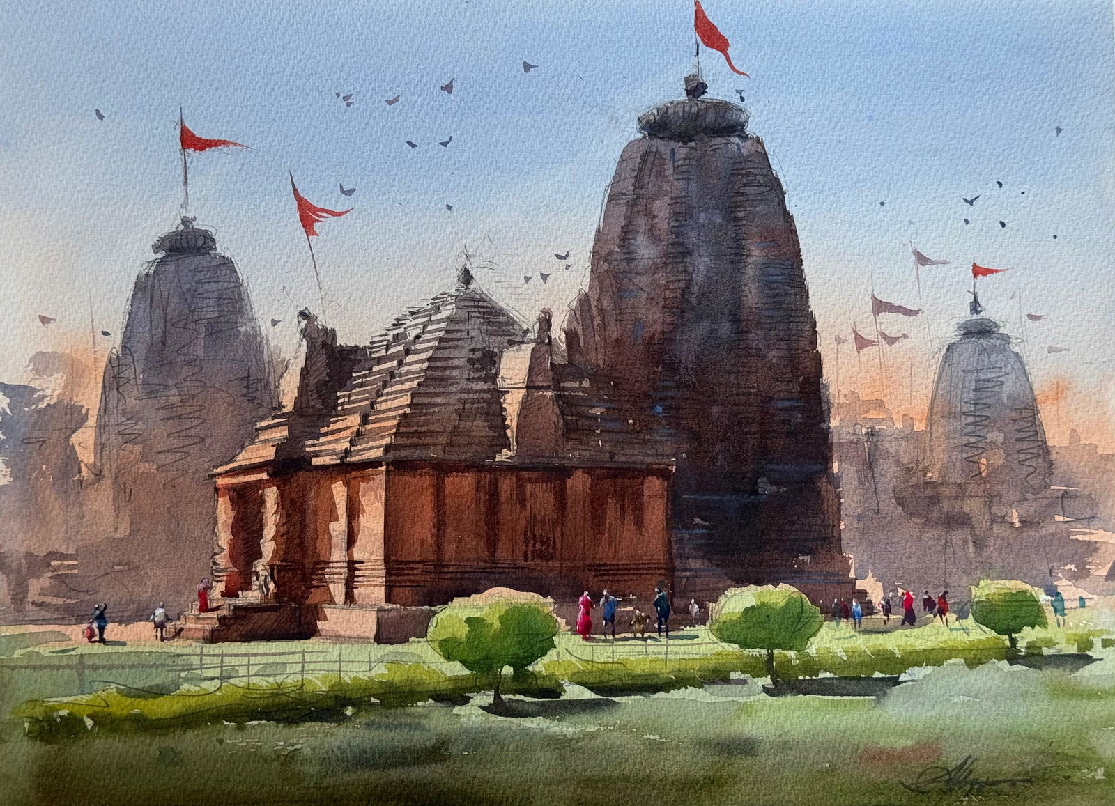 Watercolor Landscape Painting/ Bhubaneswar Temple Odisha. Image