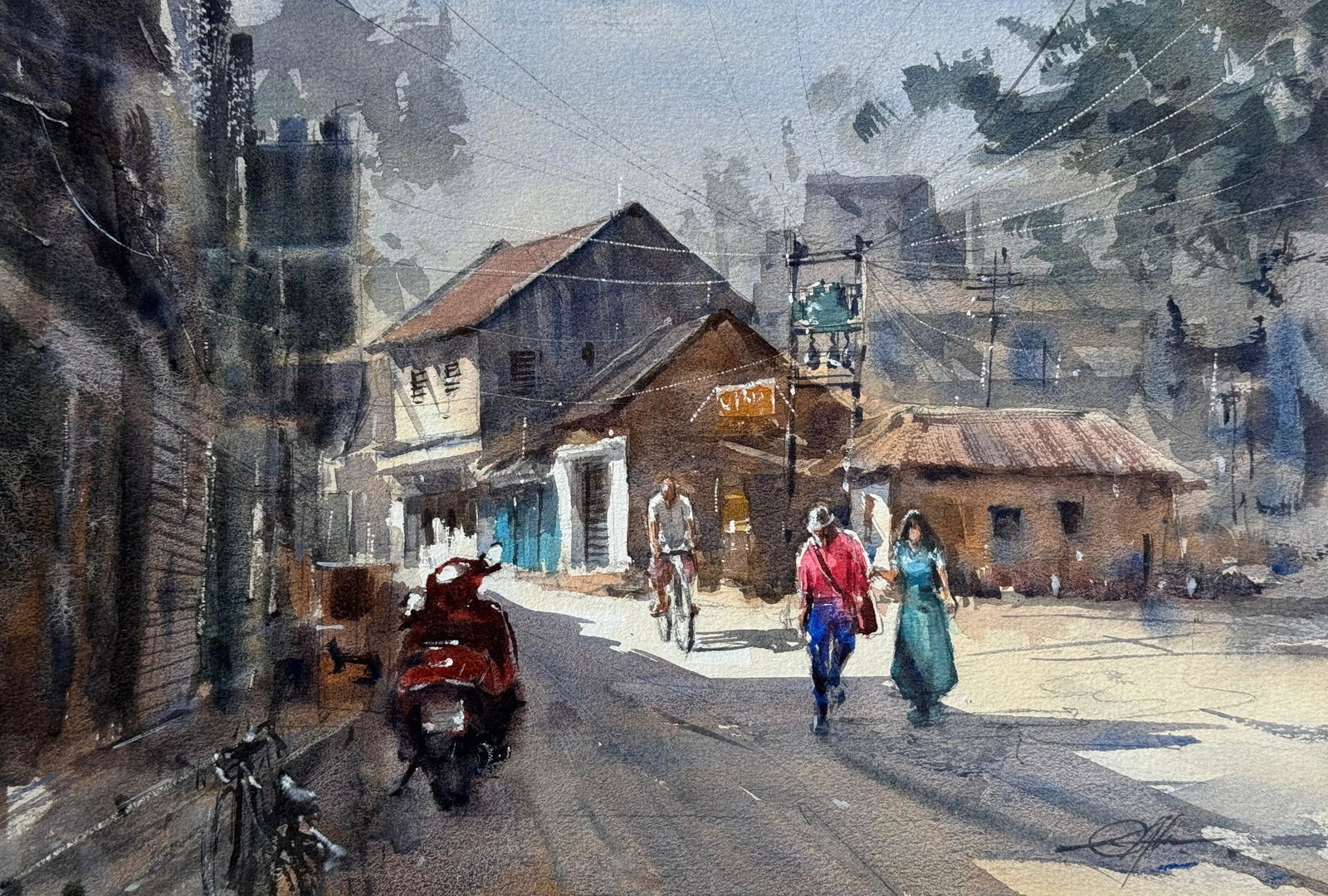  Watercolor Cityscape Painting / Beautiful Light In The Street.  Image