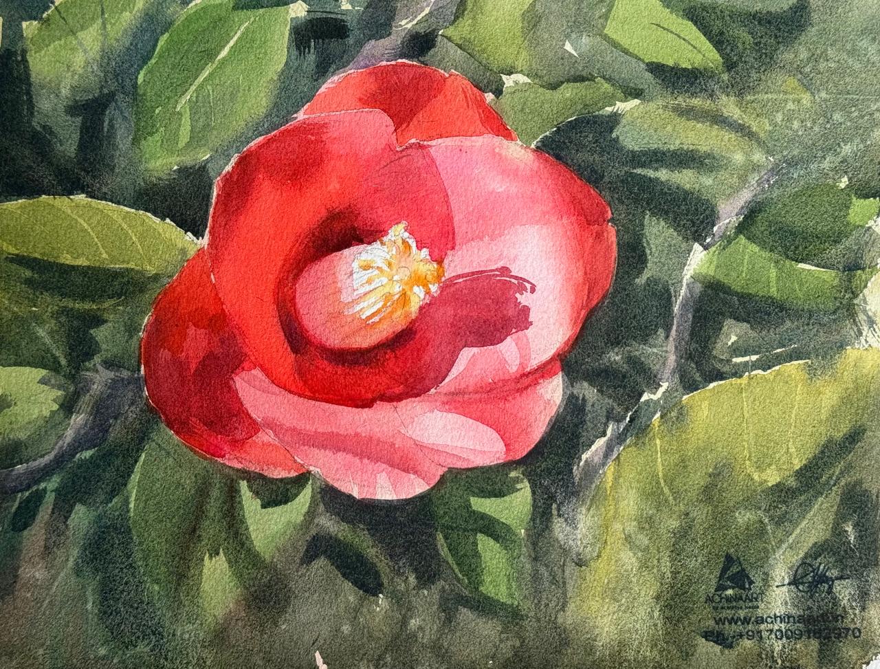 Watercolor Red Flowers Painting / In The Morning Light.  Image