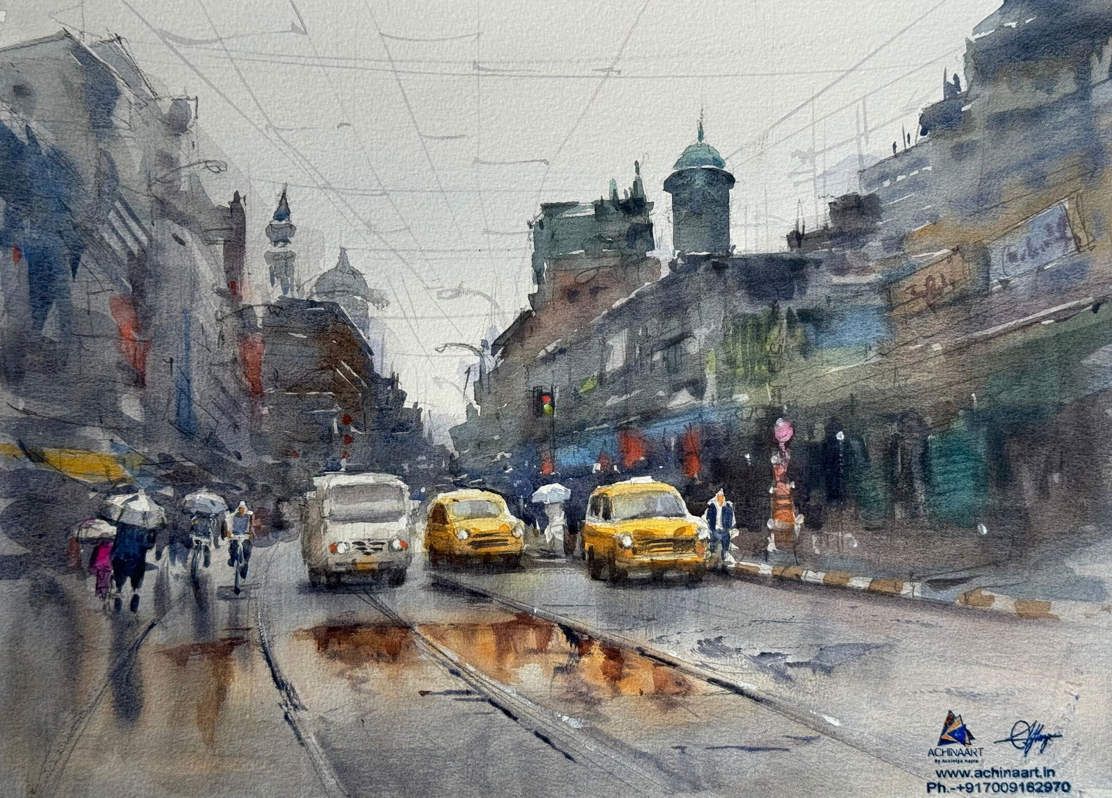 Watercolor Cityscape Painting / City of Joy Kolkata / Yellow Taxi Painting.  Image