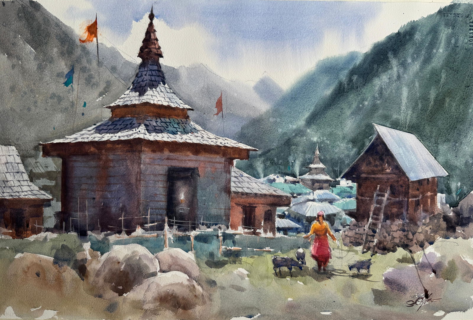 Watercolor Landscape Painting / Chitkul Beautiful Village of India. Image