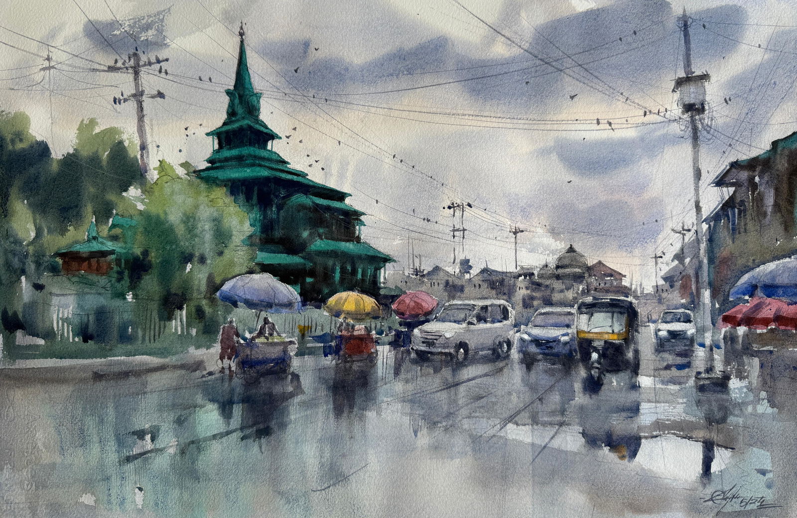 Watercolor Cityscape Painting / Srinagar Jamia Masjid Image