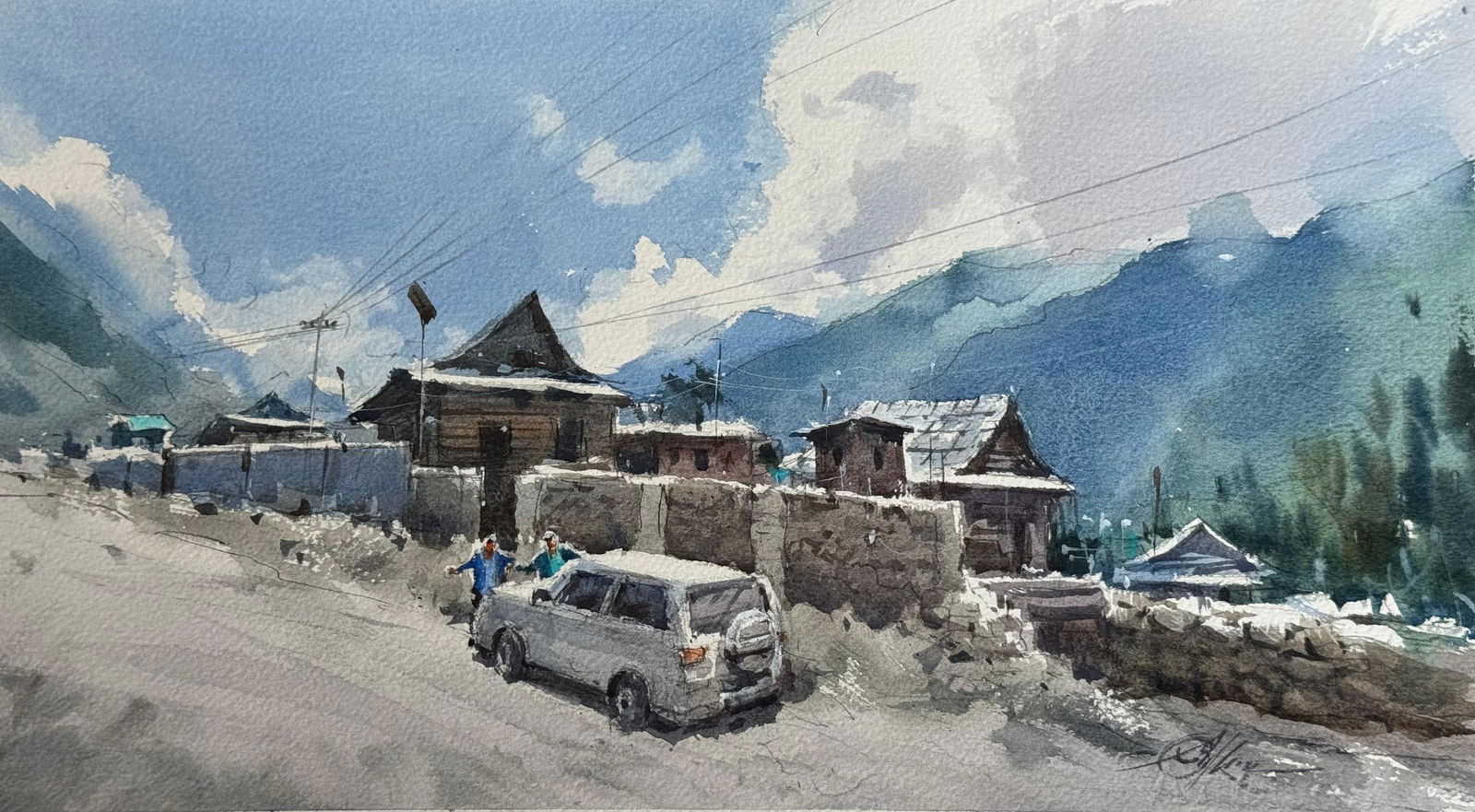  Watercolour Hills Scape Painting / Location Chitkul Last village of India Image