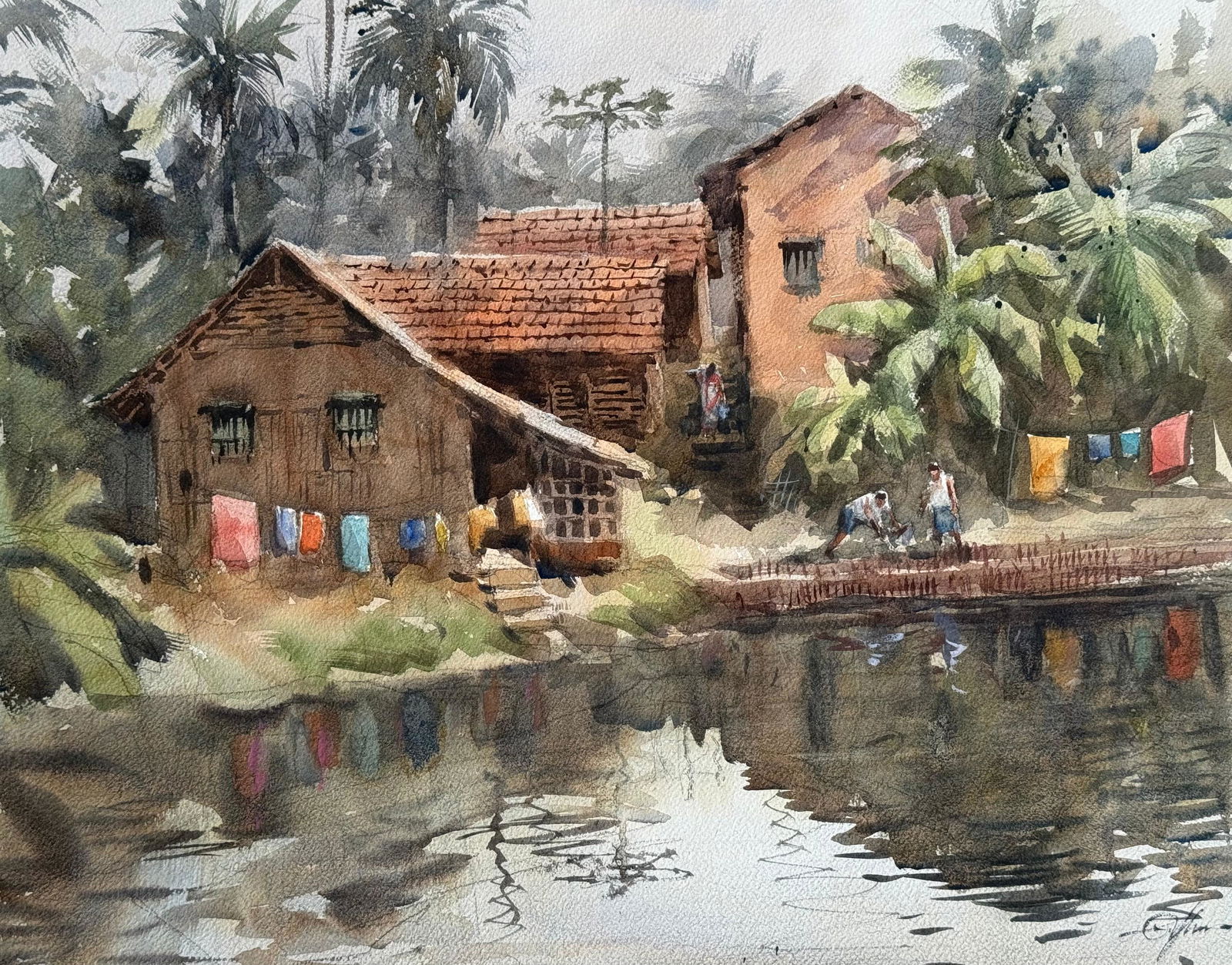 Watercolor Village Scape Painting / Amta-Howrah.   Image