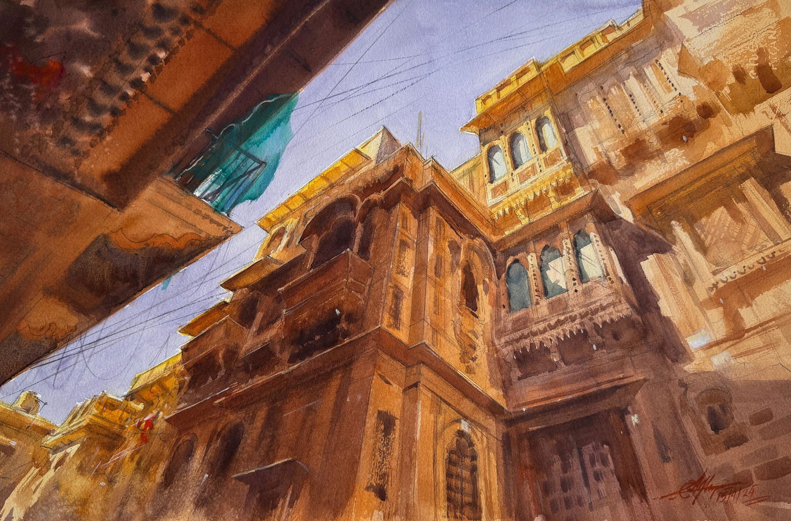 Watercolor Cityscape Painting / Patwa Haveli Rajasthan Jaisalmer India Beautiful Architecture.   Image