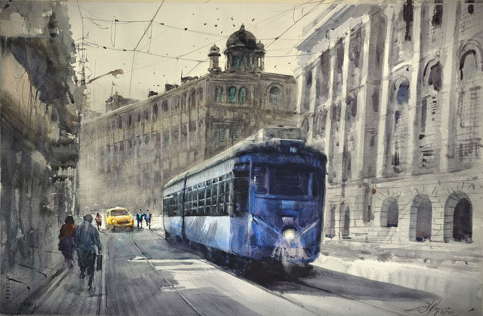  Watercolor Cityscape Painting / Kolkata Tram Painting Image