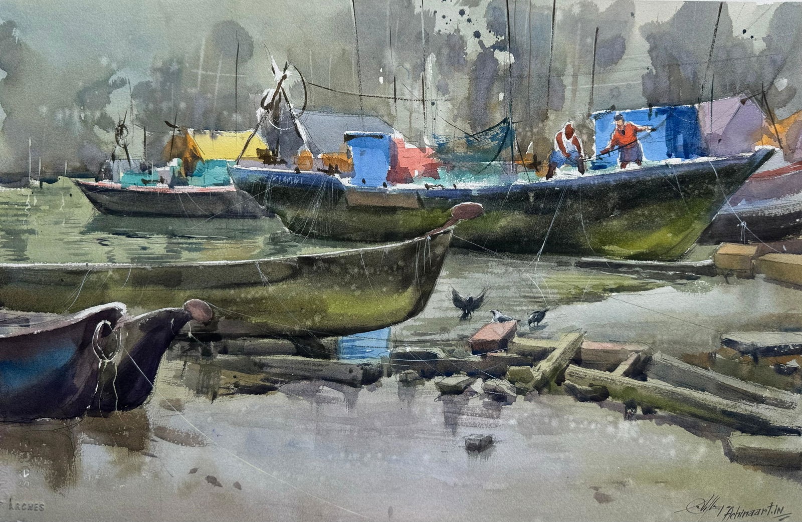 Watercolor Landscape Painting / Boats Painting.  Image