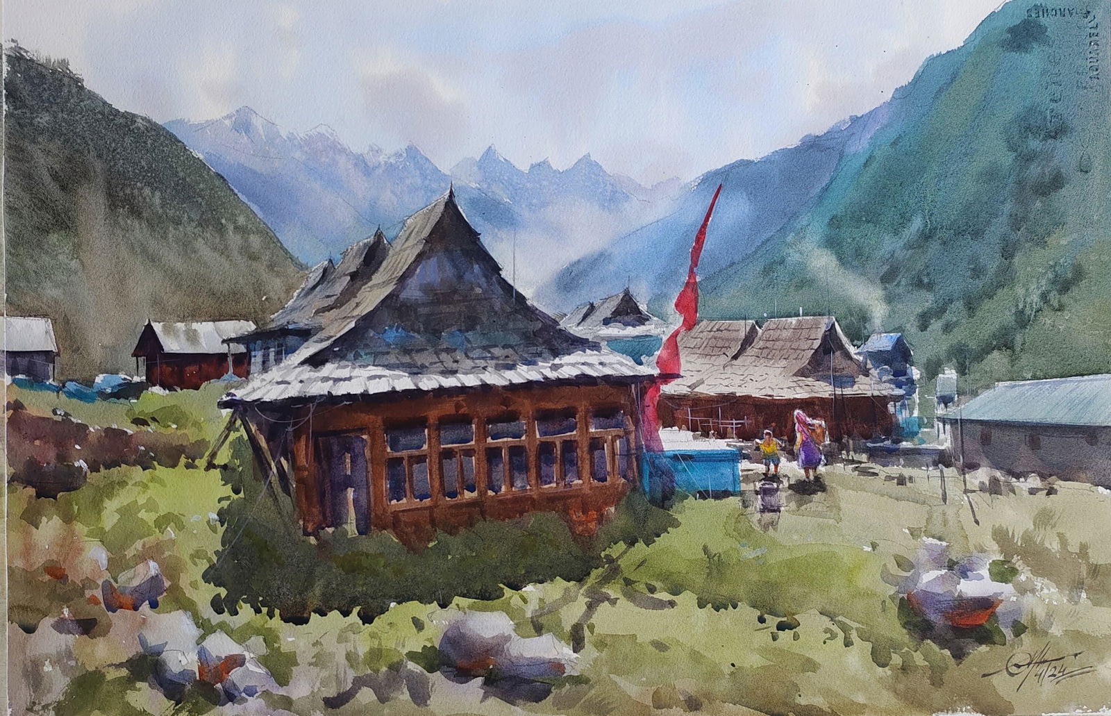 Beautiful Village Painting / Watercolor Landscape / Village Chitkul-India.   Image