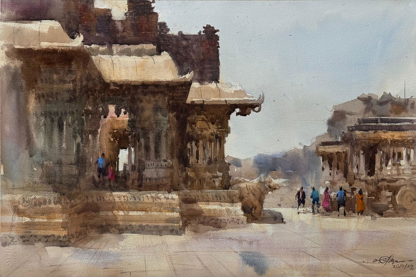 Watercolor Landscape Painting Hampi Temple / Plein Air Painting  Image