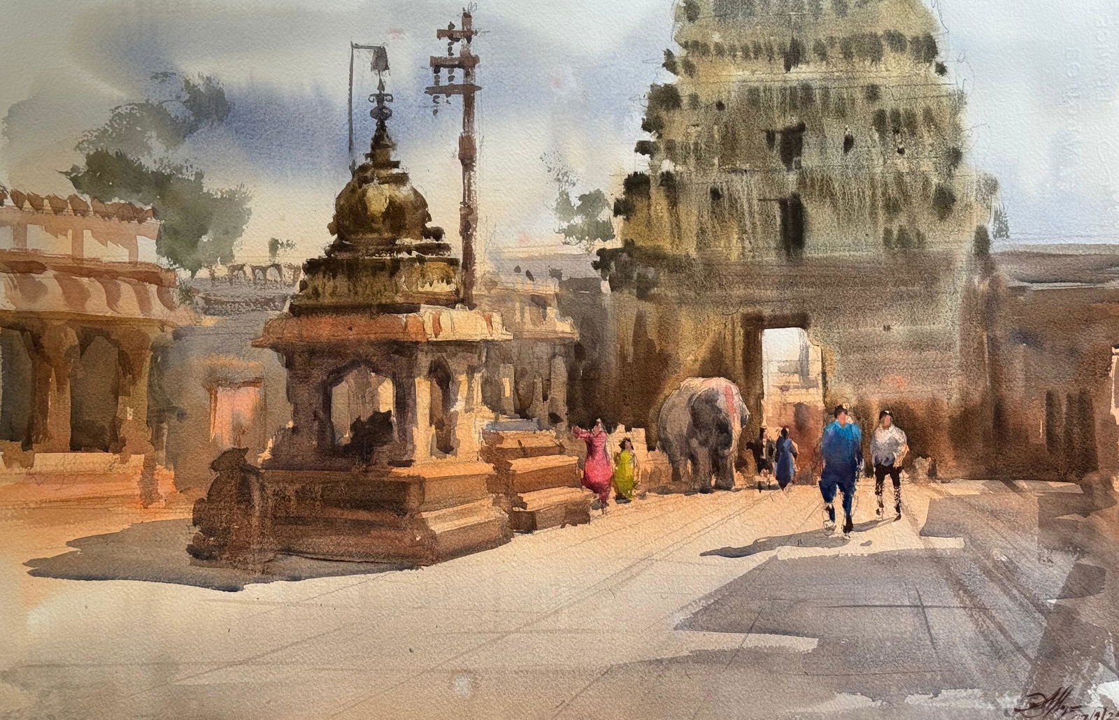  Indian Watercolor Landscape Painting Virupaksha Temple In Hampi.  Image