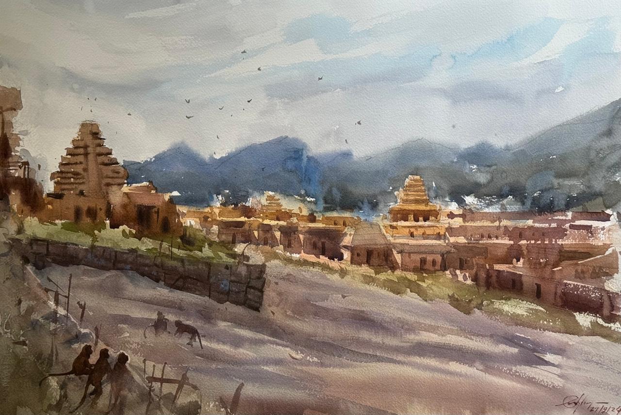  Indian Watercolor Landscape Painting Virupaksha Temple In Hampi.  Image