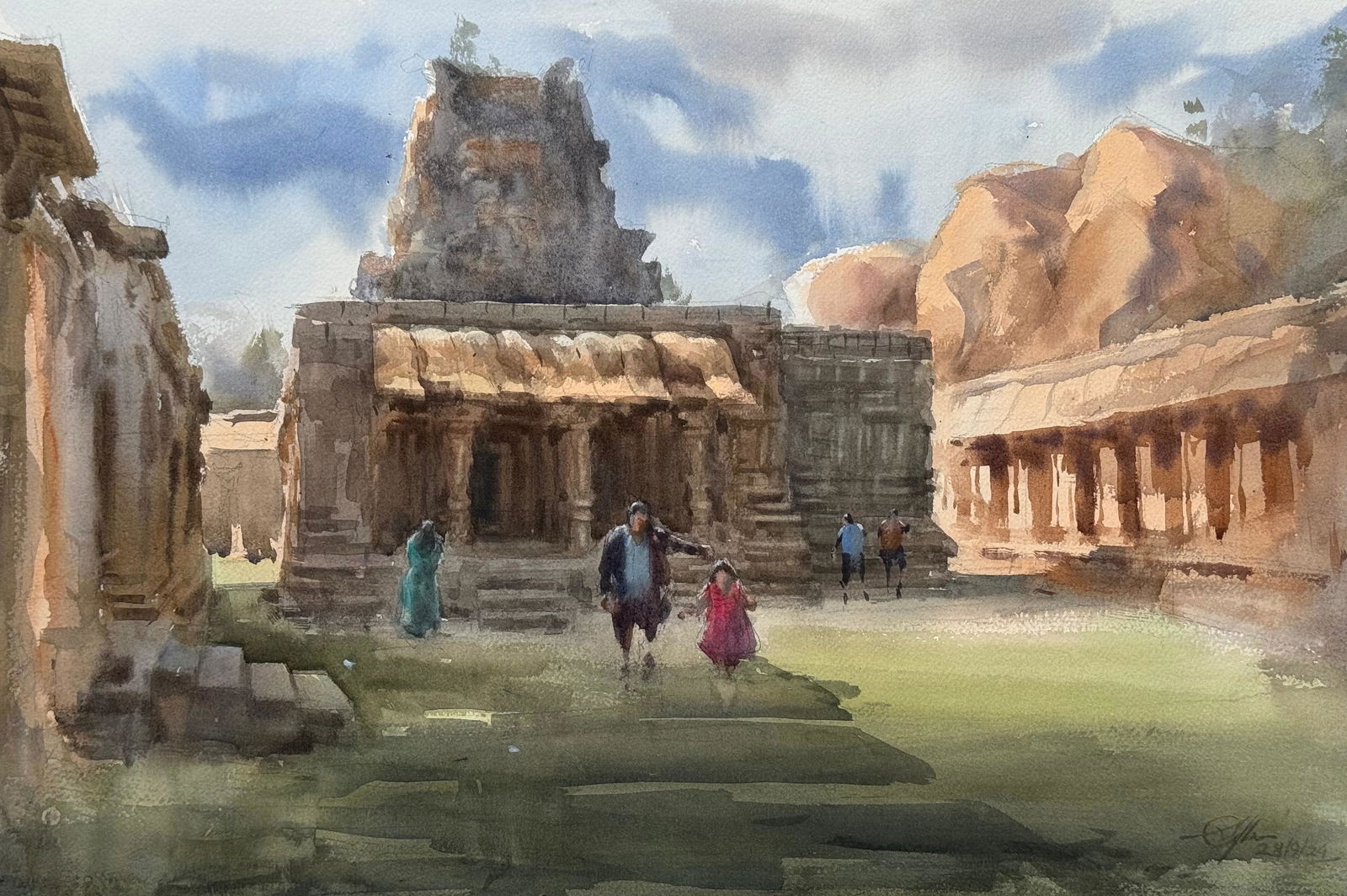 Watercolor Landscape Painting Hampi Temples.  Image