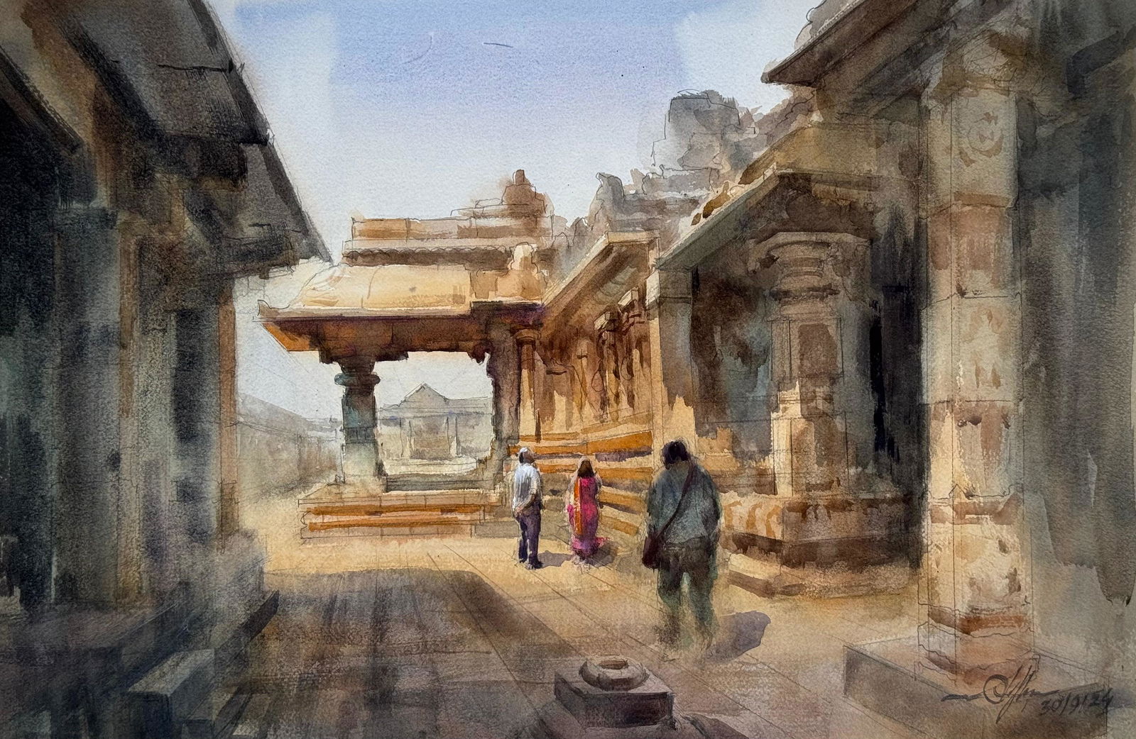 Hampi Hazara Temple Heritage Of India / Watercolor Landscape Painting.  Image